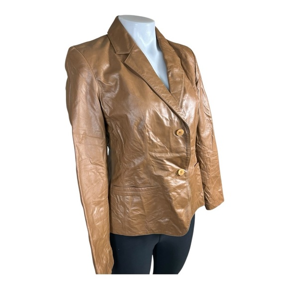Jones New York Jacket Brown 100% Leather Collared Buttons Pockets Lined Size 6 - Picture 4 of 8